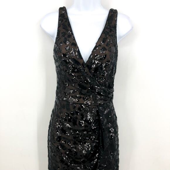 DRESS THE POPULATION Sequin Ruffle Slit Maxi Dress Small Black Leopard NWOT - Picture 3 of 7